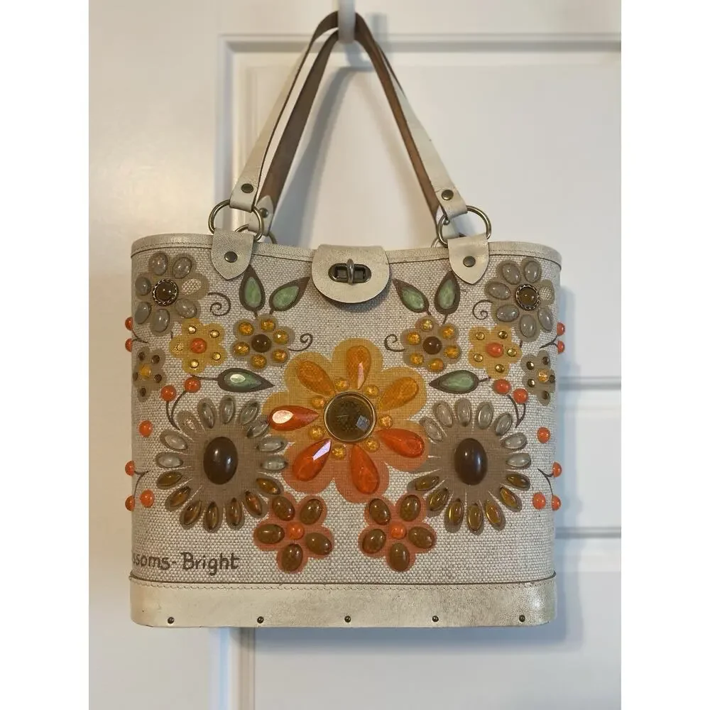 VTG Collin MCM Purse Handbag Flower Canvas Blossoms-Bright Wood Bottom READ - Picture 1 of 16